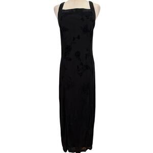 Vtg 90s CDC Black Flocked‎ Velvet Dress Floral Glitter Gown Crisscross 8 Goth